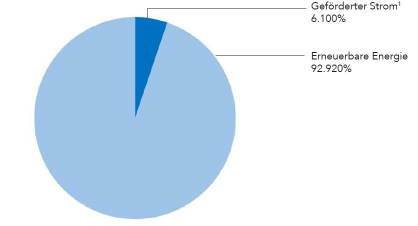 Strommix 2022, geförderter Strom: 6.100%, Erneuerbare Energie: 92.920%